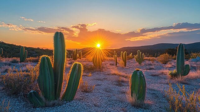 sunset over a field of tall columnar cacti and low desert shrubs on gravelly ground, sunburst on the horizon, warm golden glow and serene twilight sky