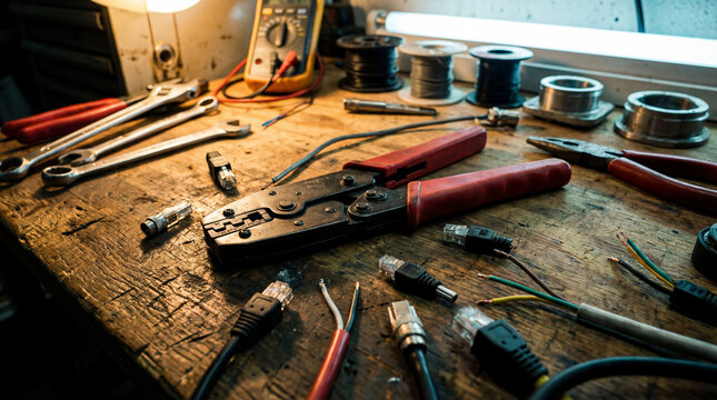 A worn wooden workbench with a crimping tool and assorted industrial cable connectors and wires