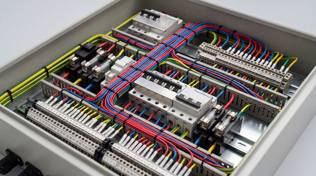 Open switchboard showing precise cable routing with neatly organized bundles of wires industrial electrical photography
