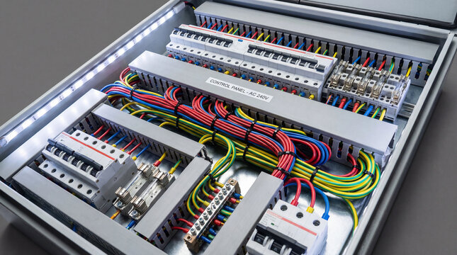 Precise cable routing in open switchboard with neatly organized bundles of wires industrial electrical photography