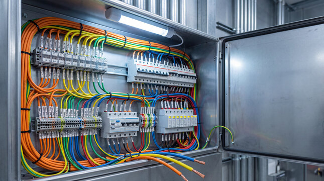 Colorful wiring in open electrical switchboard with a multitude of vibrant tones industrial detail photography