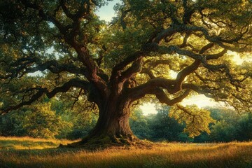 Fototapeta premium Majestic ancient oak with sprawling branches in a sunlit meadow, golden hour glow and a tranquil forest backdrop