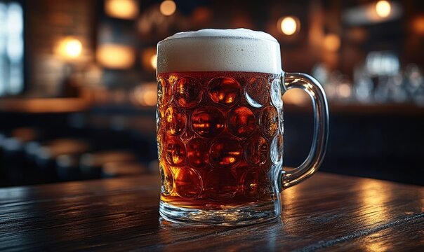 Frothy amber beer in a dimpled glass mug on a wooden bar table, warm cozy pub lighting and blurred background conveying a relaxed inviting mood