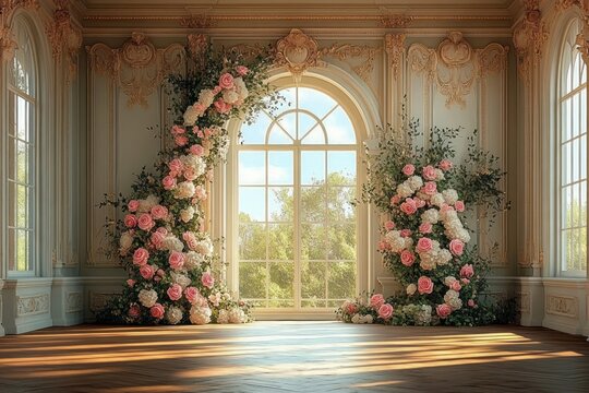 Sunlit ornate room with large arched window framed by cascading pink and white roses and lush greenery, gilded moldings and warm wooden floor conveying serene romantic elegance