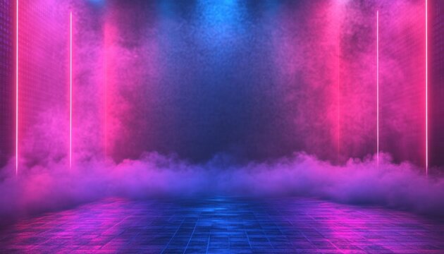 empty neon lit stage with pink and blue fog, vertical light strips and reflective tiled floor, moody futuristic atmosphere
