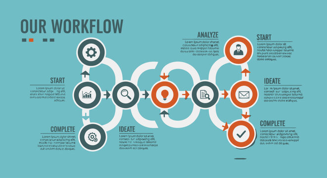 Infographic workflow process chart with icons and steps