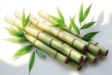 Fototapeta premium fresh cut bamboo stalks with green leaves on white background conveying calm natural serenity