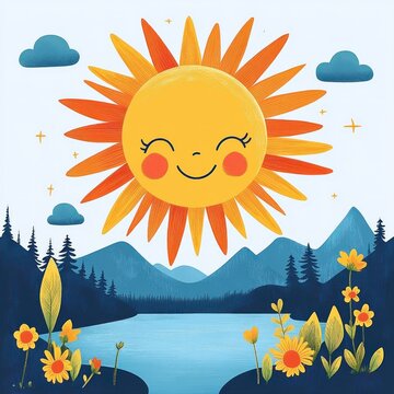 Smiling sun with rosy cheeks shining over a peaceful mountain lake, surrounded by pine forests, blue clouds and bright yellow wildflowers, joyful and serene morning