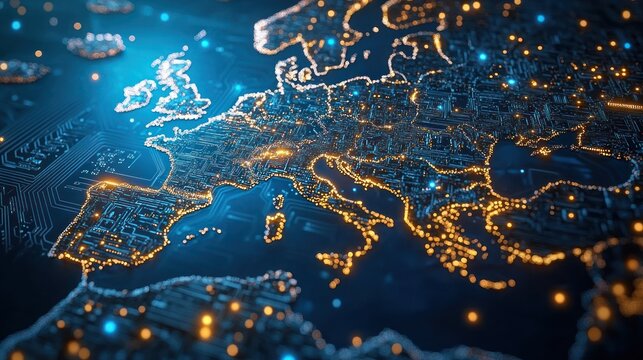 glowing circuit board map of europe with golden city lights and blue circuitry, futuristic network connectivity and digital energy