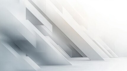 Obraz premium minimal white architectural interior with angled geometric slabs, diagonal openings and soft light creating a serene futuristic calm