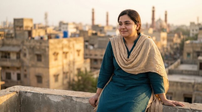 Thoughtful woman in pakistan wearing teal kurta and beige dupatta sits on a rooftop ledge at golden hour, with soft urban skyline blur, warm sunset glow, relaxed posture, and modern South Asian mood