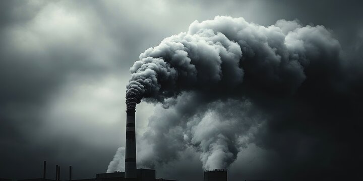 gloomy industrial power plant with tall smokestacks belching thick dark smoke into an overcast sky, creating a menacing, polluted atmosphere