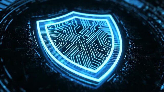 A blue shield with a circuit board design on a dark background with blue accents