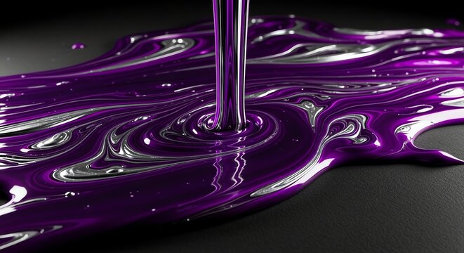 Close-up of vibrant purple liquid pouring and creating ripples on a dark surface.