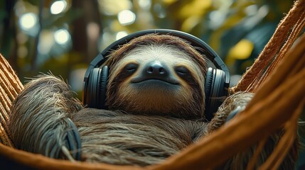 Fototapeta premium content sloth wearing headphones lounging in a hammock with a serene, blissful smile amid blurred green foliage