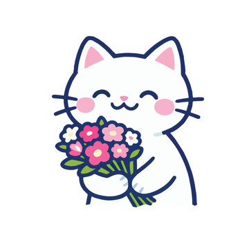 Vector illustration of an adorable cat carrying a flower bouquet, perfect for an icon or logo, symbolizing romance, affection, and sweet love in a clean and playful design.