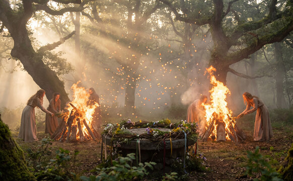 A dawn in an ancient forest during Beltane festival. People in flowing linen robes light two massive ritual bonfires. Between the fires, glowing petals float in the air like sparks.