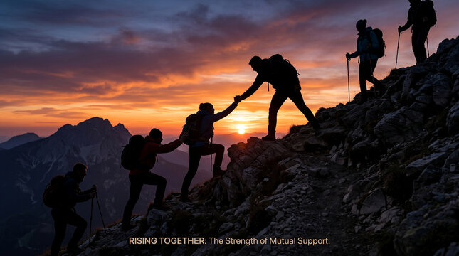 Team ascending mountain at sunset in silhouette - climbing, helping hands, and teamwork concept with group of people.