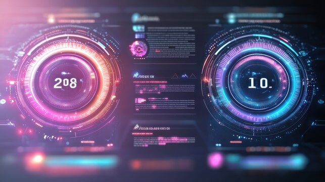 futuristic neon dashboard with two glowing circular data gauges, numeric readouts (208 and 10), holographic text panels, waveform graphs and dynamic high-tech glow
