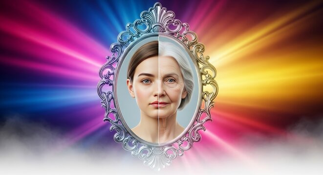 An ethereal mirror reflects a youthful countenance gradually transforming into an older version with delicate silver hair and fine lines, progression, aging, passing