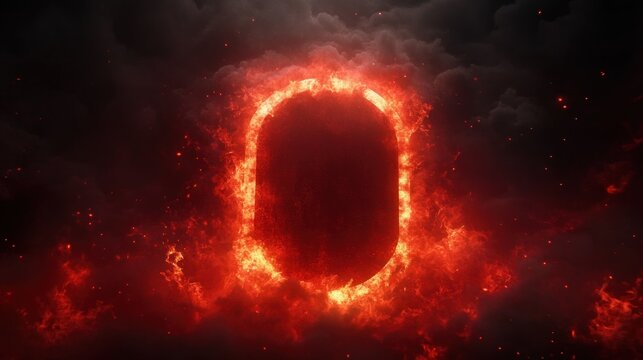 Blazing oval flame portal framed by glowing embers and swirling dark smoke creating an intense, ominous and foreboding atmosphere