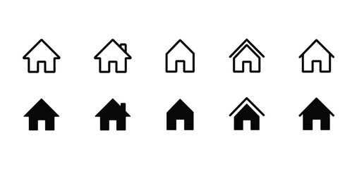 Fototapeta premium Minimalist home icon set, 10 black house vector symbols, modern real estate outline and solid web buttons, simple residential building silhouettes