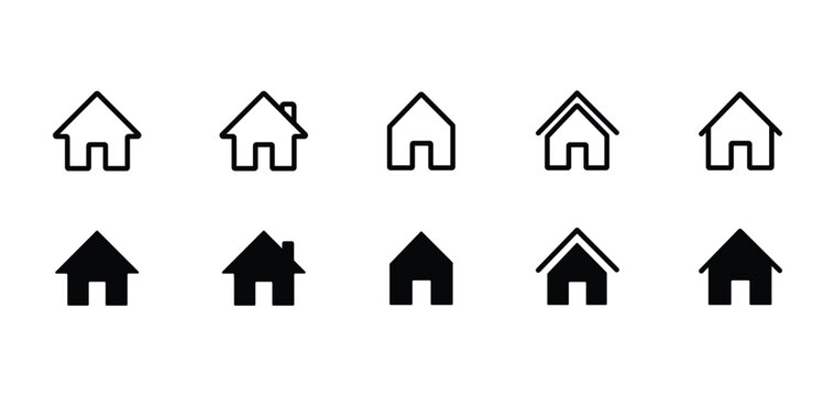 Minimalist home icon set, 10 black house vector symbols, modern real estate outline and solid web buttons, simple residential building silhouettes