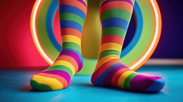 Playful feet in bright rainbow striped socks standing on a blue floor in front of glowing circular neon rings, colorful and cheerful mood