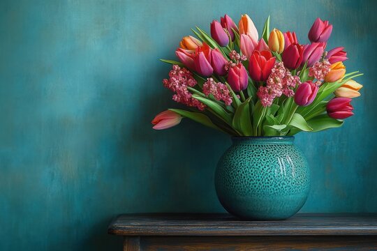 colorful bouquet of pink, red, orange and yellow tulips with small pink filler flowers in a round turquoise ceramic vase on a wooden table against a teal textured wall, elegant and cheerful