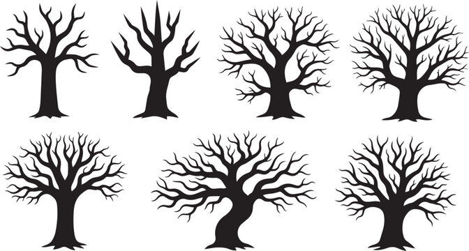 Dead dry tree silhouettes set spooky forest trunks black vector illustration isolated on white background