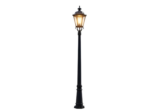 Classic Illuminated Street Lamp on Black Background on white background , Isolated on Transparent Background, PNG, Generative AI 