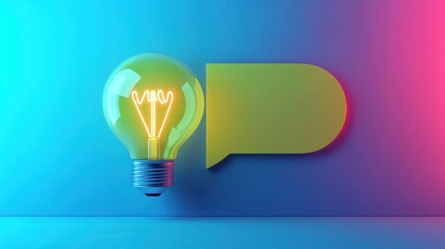 glowing light bulb beside a rounded speech bubble on a vivid blue to pink gradient background, conveying creative inspiration and optimistic communication