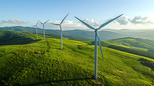 Giant wind turbines positioned on lush green hills under a bright sky. Wind power farm promoting ecological sustainability.
