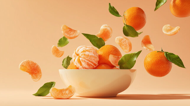 Fresh mandarins and slices floating above bowl on peach background, representing citrus, health, summer, and natural freshness.