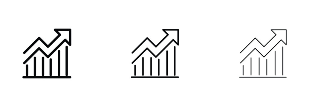 Minimalist business growth chart icons, financial bar graph with upward arrow, set of 3 black line vector symbols for data analysis and success