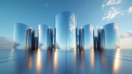 symmetrical mirrored cylindrical towers on a reflective plaza at sunrise, serene futuristic minimalist landscape