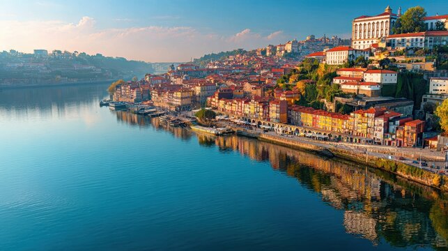 Golden hour reflects on Portos riverside with ancient buildings glow.