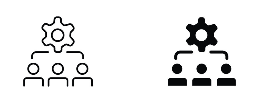 Minimalist business management icons, human resources and team coordination symbols, black outline and solid gear with people vector set