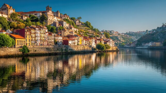 Portos historic Ribeira district and Douro river at golden hour.