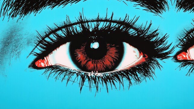 close-up stylized eye with long dark eyelashes and fiery red iris on cyan skin, bold graphic pop-art stare conveying intensity and hypnotic focus