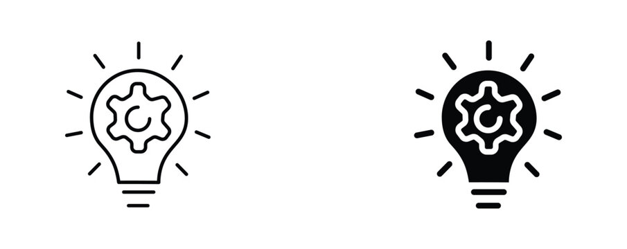 Innovation light bulb icons with gear mechanism, creative solution and engineering process symbols, black outline and solid vector graphics