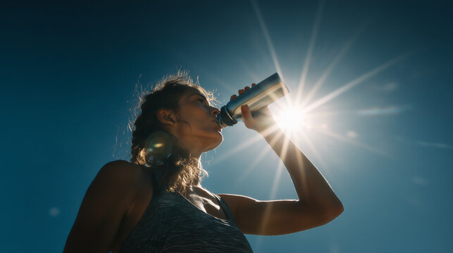 Female athlete drinking water in bright sun, showing hydration, endurance, fitness, and summer wellness