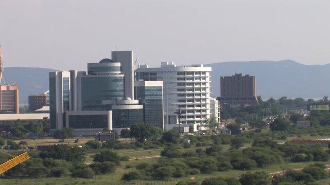 Modern Corporate Architecture in Gaborone Central Business District backdrop of distant hills