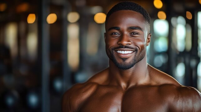 shirtless muscular athlete in gym with warm bokeh lights, powerful confident stance and defined upper body