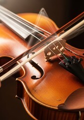 Fototapeta premium Close-up of an old wooden violin with a moving bow creating soft motion blur, captured in a nostalgic vintage film style with heavy grainy texture, bow, blurry, classical