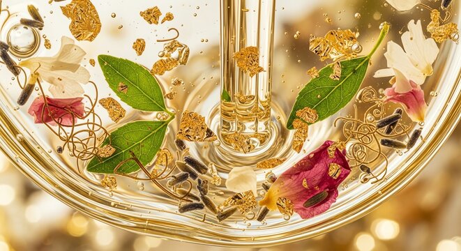 Elegant floral arrangement with gold accents and decorative elements for celebration or event decor.