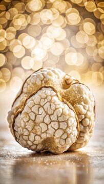 A closeup of a pristine white truffle cross section revealing its intricate interior structure and glistening fat globules