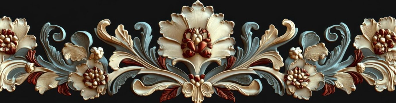 ornate symmetrical floral frieze with large central stylized flower, curling acanthus leaves, smaller blossoms and scrollwork in gold, cream, teal and red on dark background, elegant and opulent