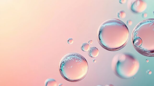 translucent floating bubbles and tiny droplets over a soft pastel pink and blue gradient background, serene and dreamy