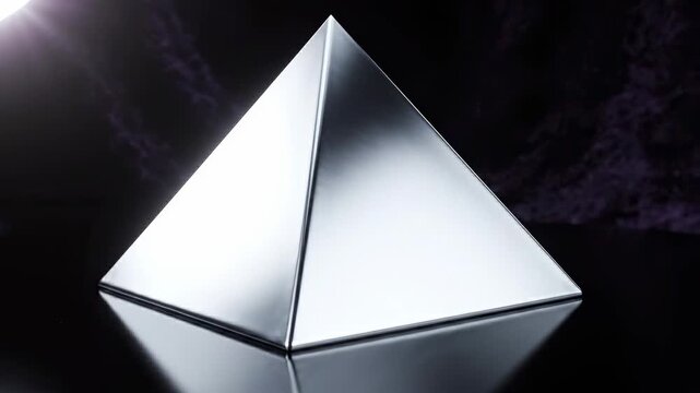 A shiny metallic geometric pyramid shape.